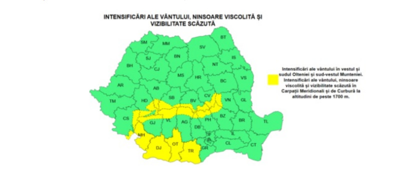 Avertizări meteorologice: Cod galben de rafale de vânt și ninsoare puternică. Prognoza meteo până la Anul Nou.