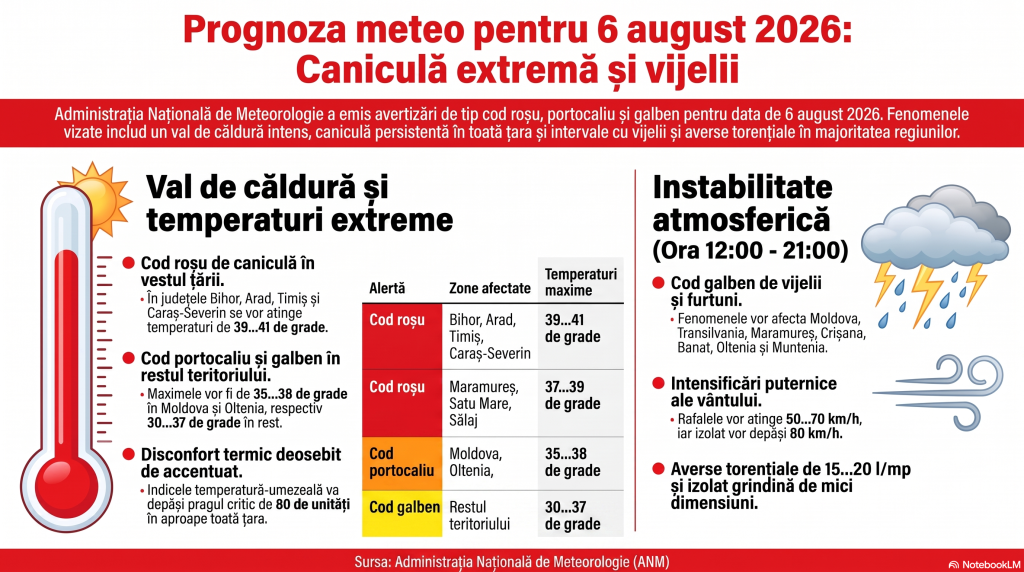 Vremea pentru 6 august 2026: Șapte județe sub avertizare roșie de caniculă, iar alte 31 sub avertizare galbenă de vijelii